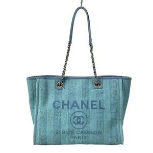 CHANEL Deauville Line MM Light Blue Mix Fiber Calf Skin Tote Bag Gold hardware